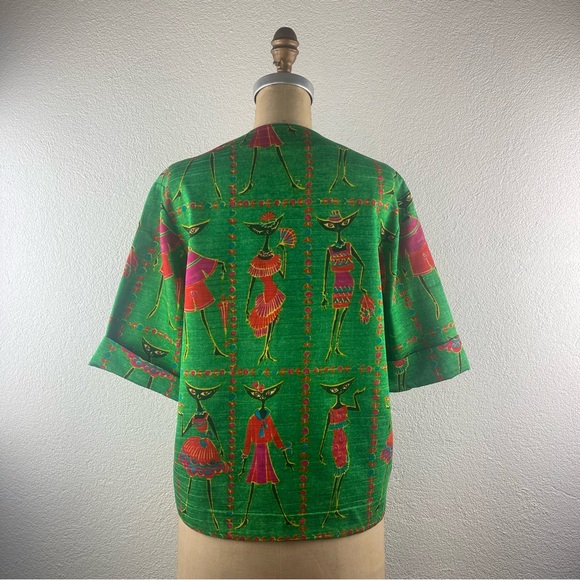 Vintage l 60s M Novelty Tribal Fashionista Kitty Black Cat Cuff Sleeve Blouse - Picture 6 of 16